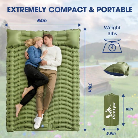 Ultralight Two Person Camping Sleeping Pad With Built In Pillow And Foot Pump Inflatable Four Inch Thick Mat, two people lying down.