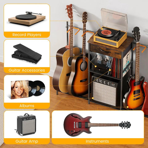 Floor Guitar Stand With 4 Holders And 3 Tiers, Go To Multi Guitar Rack For Electric Bass And Acoustic Guitars, Includes Amp Stand And Cloth Drawer in use with guitars and accessories
