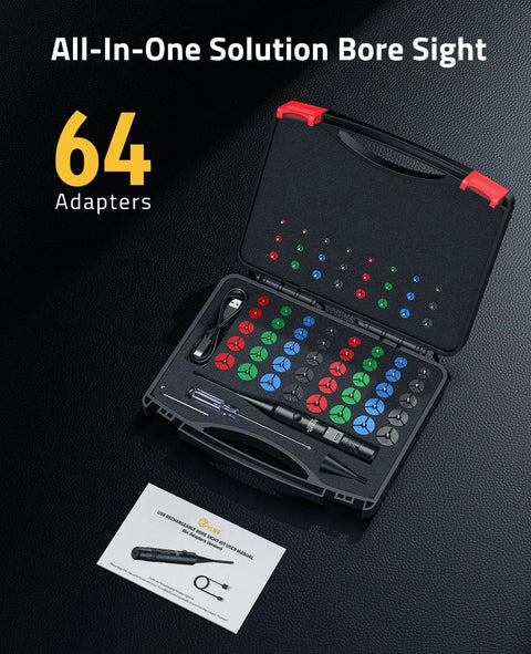 Rechargeable Bore Sight Laser Kit with 64 adapters for calibers 0.17 to 12GA, shown in open black case with color-coded adapters