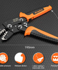 Pro Grade Heavy Duty Five In One Wire Crimping Tool for Dupont and Open Barrel Terminals with dimensions and features shown