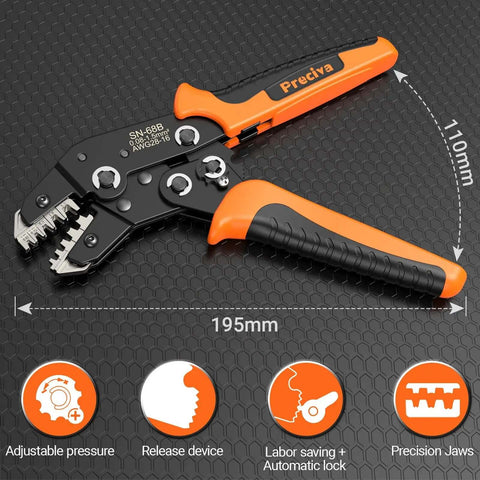 Pro Grade Heavy Duty Five In One Wire Crimping Tool for Dupont and Open Barrel Terminals with dimensions and features shown