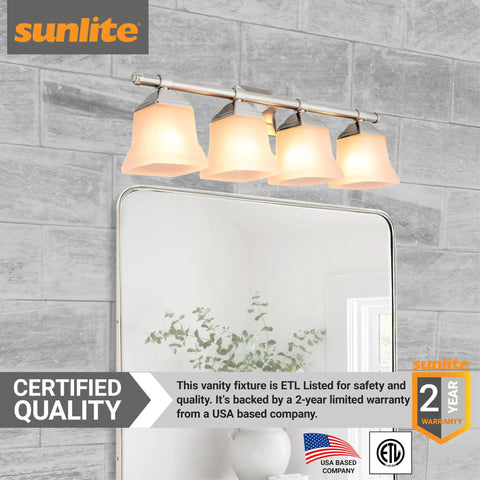 4-Light Brushed Nickel Vanity Light Fixture With Frosted Square Bell Glass Shade, Wall Mount, E26 Medium Base Socket, A19 Bulbs Up To 100W, ETL Listed, Modern Powder Room Lighting over mirror