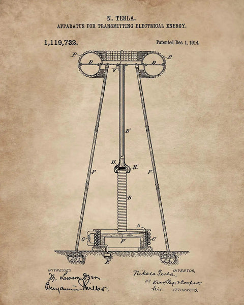 Steampunk Patent Print Wall Art Set For Engineers 8x10 Unframed Prints Featuring Dope Electrical Coil Invention History Industrial Home Decor For Nerds And Geeks Tesla Inspired Gift For Science Lovers And Makers, featuring Nikola Tesla's patent for electrical energy transmission.