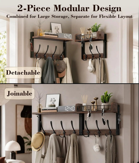 29 Inch Modular Coat Rack Wall Mount With Shelf And Seven Triple Hooks Straight Up Designed To Handle Your Daily Grind Keep Entryway Neat While Grabbing Coats Jackets And Bags On The Fly Brown, featuring detachable and joinable sections.
