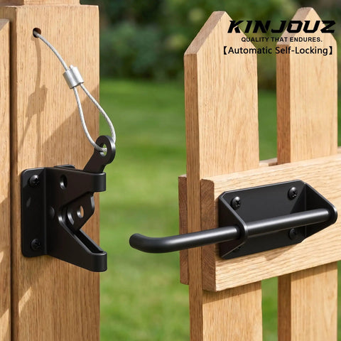 Tough As Nails Heavy Duty Gate Latch With Cable Pull For Wooden Fence, black steel latch with cable on a wooden gate.