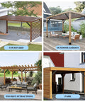 Four wooden pergolas in various settings: courtyard, outdoor garden, tourist attraction, park. Ideal for DIY projects.