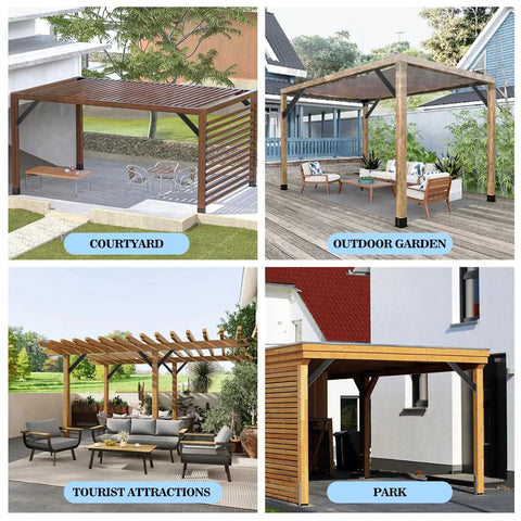 Four wooden pergolas in various settings: courtyard, outdoor garden, tourist attraction, park. Ideal for DIY projects.