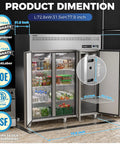 Heavy Duty Stainless Steel Three Door Commercial Fridge With Secure Locks Top Tier Reach In Cooler dimensions and features displayed