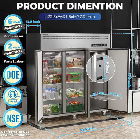 Heavy Duty Stainless Steel Three Door Commercial Fridge With Secure Locks Top Tier Reach In Cooler dimensions and features displayed