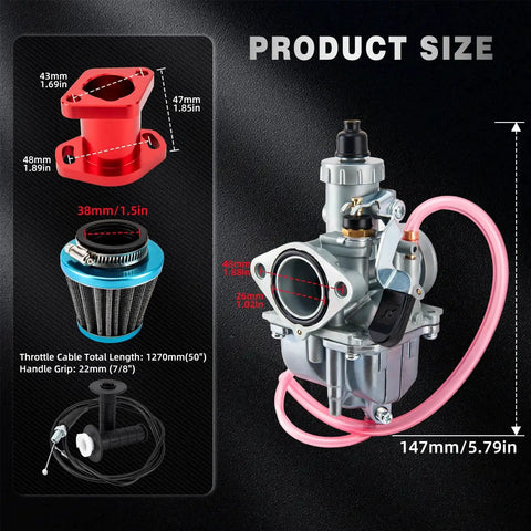 Carburetor Kit For Predator 212 And 224cc Engines With 26mm Throttle Assembly And Main Jets showing size dimensions