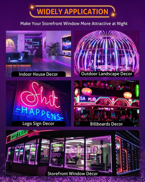 50 Foot LED Light Modules For Storefronts And Signs 100 Pack showing various decor applications including indoor, outdoor, and signs.