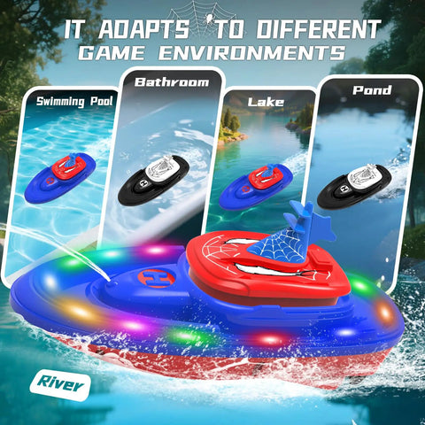 Spider Hero RC Battle Boat 2 Pack Set With Water Spray Dual Combat Modes LED Lights for pools, lakes, and ponds