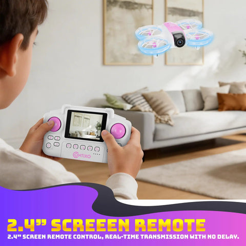 Child using Compact Mini Drone With Built In Two Point Four Inch Screen Remote No App Needed 720P Dual Camera And Real Time Live Video