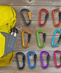 10 Pack Aluminum D Ring Key Rings Clips Locking Carabiners For Camping Fishing And Outdoor Use With Screw Gate Multicolored Finish displayed with backpack