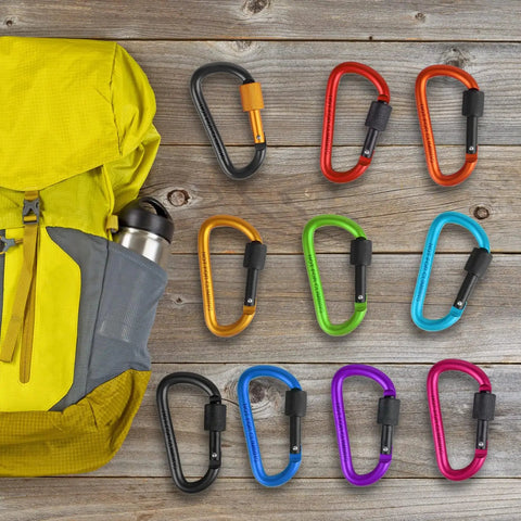 10 Pack Aluminum D Ring Key Rings Clips Locking Carabiners For Camping Fishing And Outdoor Use With Screw Gate Multicolored Finish displayed with backpack