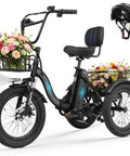 Boss Level Fat Tire Electric Tricycle For Adults With Folding Frame And Basket 1200W Peak Motor 48V 13Ah Battery, front view with helmet