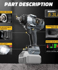 Badass Brushless Cordless Impact Wrench Built With A Heavy Half Inch Drive To Hand Out Hella 1000 Ft Lbs Of Knockout Torque Alongside Bright LED Lighting And Smooth 2100 RPM Speed Ready To Crush Any Garage Task As Bare Tool Only, showing control features and weight.