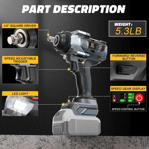 Badass Brushless Cordless Impact Wrench Built With A Heavy Half Inch Drive To Hand Out Hella 1000 Ft Lbs Of Knockout Torque Alongside Bright LED Lighting And Smooth 2100 RPM Speed Ready To Crush Any Garage Task As Bare Tool Only, showing control features and weight.