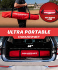 Man carrying 7 By 7 Foot Baseball And Softball Practice Net For Backyard Batting And Pitching Portable Red Bow Frame Net in bag