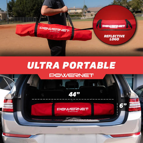 Man carrying 7 By 7 Foot Baseball And Softball Practice Net For Backyard Batting And Pitching Portable Red Bow Frame Net in bag