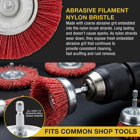 Six Piece Coarse Abrasive Nylon Bristle Cup Brush Set With 1/4 Inch Hex Shank For Angle Grinders for rust and paint removal