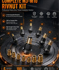 Grab This Heavy Duty Head Rivet Nut Tool Kit With Six Mandrels M3 M4 M5 M6 M8 M10 For Snappy Sheet Metal Threading And Super Durable Repairs. M3-M10 rivnut kit with 6 mandrels and 180 carbon steel nuts displayed