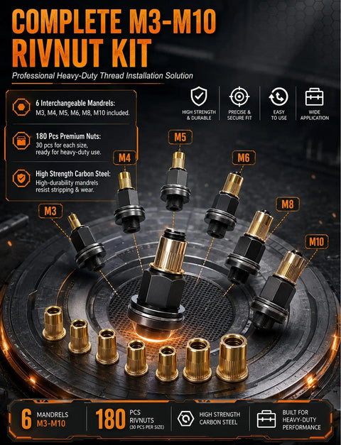 Grab This Heavy Duty Head Rivet Nut Tool Kit With Six Mandrels M3 M4 M5 M6 M8 M10 For Snappy Sheet Metal Threading And Super Durable Repairs. M3-M10 rivnut kit with 6 mandrels and 180 carbon steel nuts displayed