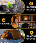 Compact Mini Shovel With Fiberglass Handle For Garden And Camp Use 28 Inches, shown in garden, fireplace, and camping scenarios.