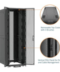 Rock Solid 52U Server Rack Cabinet Pre Assembled Network Setup Ready To Roll With Free Swivel Casters And No Sweat Assembly Heavy Duty gear shown with removable top cover and vertical PDU panel.