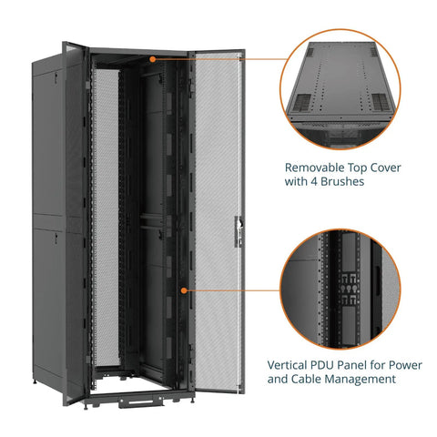 Rock Solid 52U Server Rack Cabinet Pre Assembled Network Setup Ready To Roll With Free Swivel Casters And No Sweat Assembly Heavy Duty gear shown with removable top cover and vertical PDU panel.