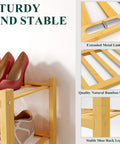 Close-up of Three Tier Bamboo Shoe Rack Organizer showcasing premium bamboo strips and stability features.