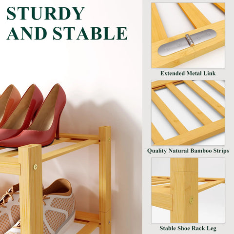 Close-up of Three Tier Bamboo Shoe Rack Organizer showcasing premium bamboo strips and stability features.