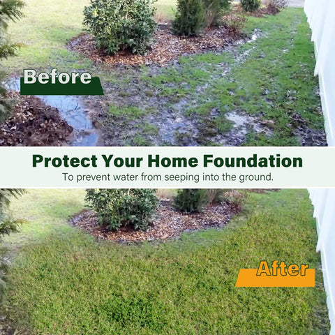 Before and after installation of Green 4 Inch Angled Yard Drain Grate For Sump Pump Discharge And Downspout Extensions Yard Drain Emitter