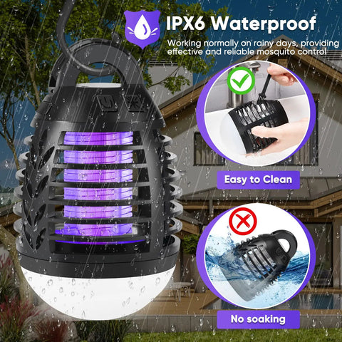Rechargeable Mosquito Zapper For Indoor Outdoor Use, UV Light Bug Killer Attracts Mosquitoes Flies Gnats Moths No Odor Mess Free Non Toxic IPX6 Waterproof Insect Trap For Home Patio Backyard Camping, shown under rain. Close-up view.