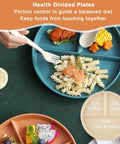 Person eating pasta from 12 Pack Portion Control Divided Plates For Adults, 9 Inch Unbreakable Dinner Plates, orange and blue plates shown