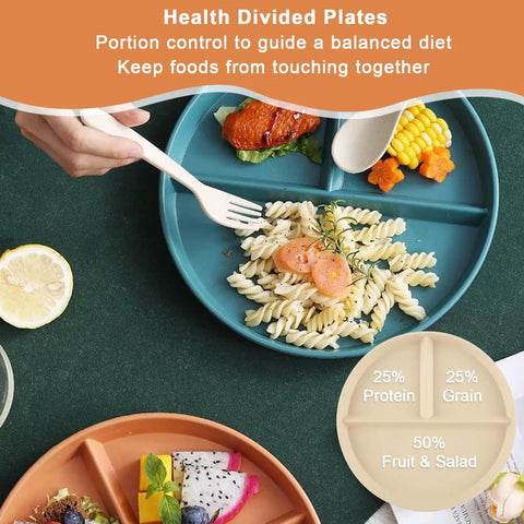 Person eating pasta from 12 Pack Portion Control Divided Plates For Adults, 9 Inch Unbreakable Dinner Plates, orange and blue plates shown