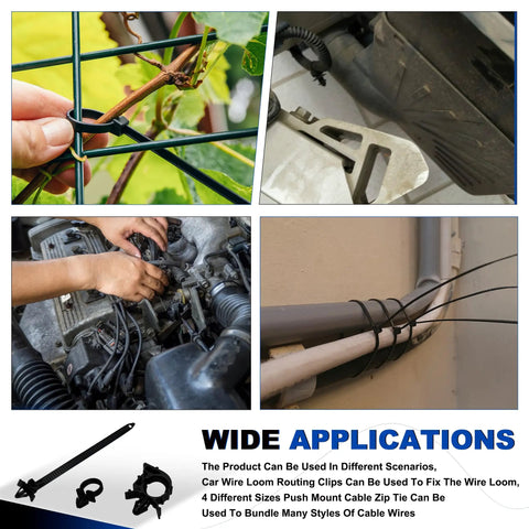 Various uses of 200 Piece Car Wire Loom Routing Clips Kit with 14 clip sizes and 4 universal push mount zip ties for wiring harness.