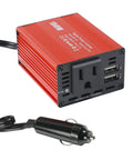 Heavy Duty 150W Car Power Inverter With 12V DC To 110V AC Outlet And Dual 3.1A USB Charging Ports, red metal housing, DC socket.