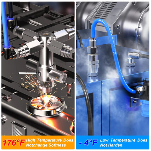 3/8 Inch OD PU Air Tubing Kit in high and low temperature settings, showcasing durability and flexibility in industrial use