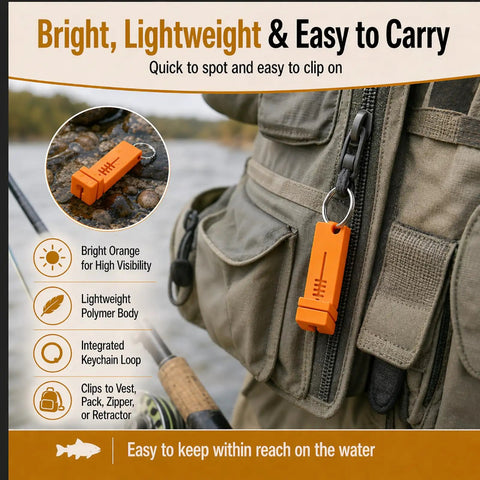 Magnetic Fly Threader 4 Slot Precision Tool Bright Orange for Fly and Ice Fishing clipped to a gray backpack.