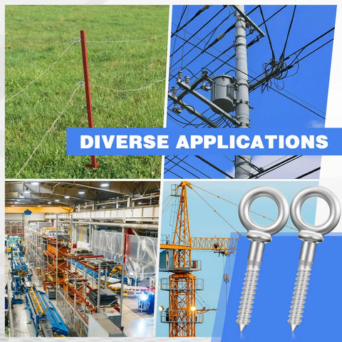 Image showing diverse applications of 4 Pack Forged Steel Shoulder Eye Bolts 1/2 x 3-1/4 Heavy Duty Hook Screws Hot Dip Galvanized.
