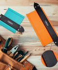 5-inch and 10-inch Contour Gauge With Lock And Double Lock Pro Grade on wooden surface, next to tool pouch