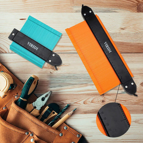 5-inch and 10-inch Contour Gauge With Lock And Double Lock Pro Grade on wooden surface, next to tool pouch