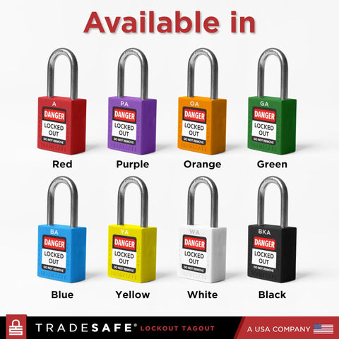 Image of eight TradeSafe padlocks in various colors, including Blue Keyed Alike Lockout Padlock Set For Grouping Control, 10 Durable LOTO Locks.