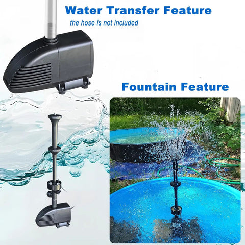 All-In-One Pond Filter With Submersible Pump And Fountain Kit for outdoor ponds, showing water transfer and fountain features