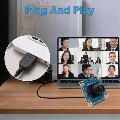 8MP USB Camera Module With 180 Degree Fisheye Lens For Machine Vision And Industrial Automation connected to laptop via USB