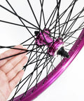 Close-up of the Purple 26 Inch Heavy Duty Bike Rim Wheel Set With Double Wall Aluminum Alloy 12 Gauge 48 Spokes and hub