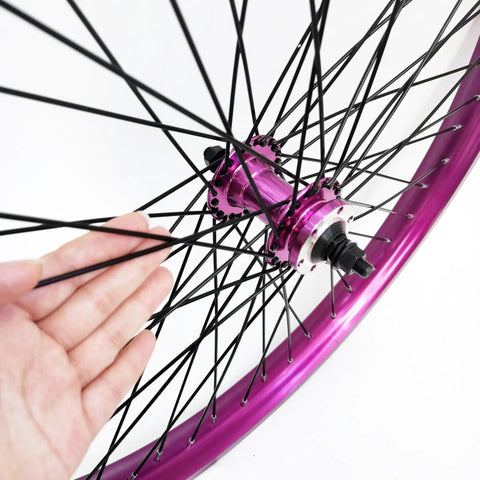 Close-up of the Purple 26 Inch Heavy Duty Bike Rim Wheel Set With Double Wall Aluminum Alloy 12 Gauge 48 Spokes and hub