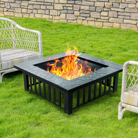 Outdoor setting with 32 Inch Square Outdoor Fire Pit Table With Spark Screen And Fire Poker 3 In 1 Multipurpose Fire Pit for Patio Garden And Yard