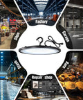 LED High Bay Light 100W UFO Style With US Plug, 15000lm Daylight 5000K, image showing usage in various industrial settings